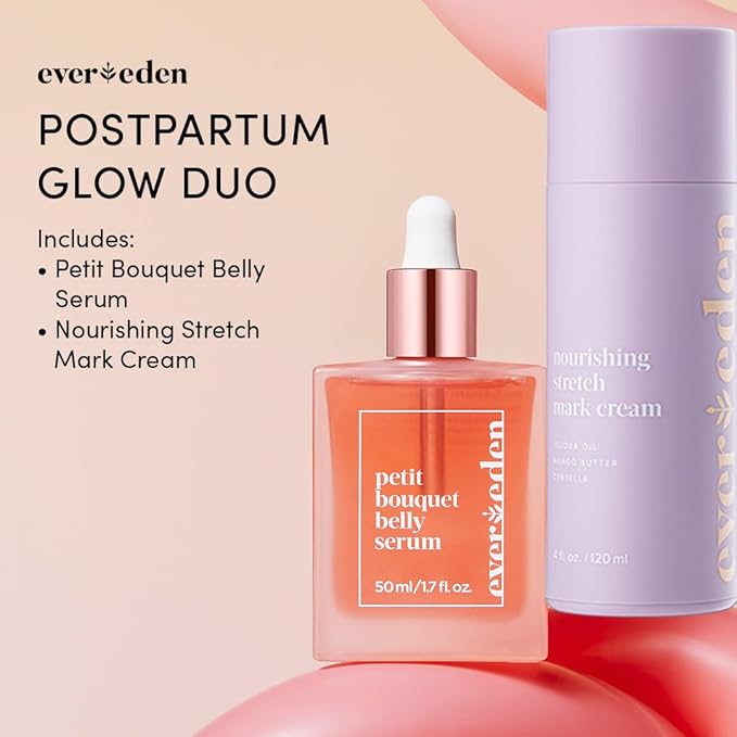 Evereden Postpartum Glow Duo - Petit Bouquet Belly Oil & Nourishing Stretch Mark Cream - Dermatologist-Developed Clean & Vegan Maternity Skincare Postpartum Gifts for New Mom - Stretch Mark Reduction-Velvo Beauty
