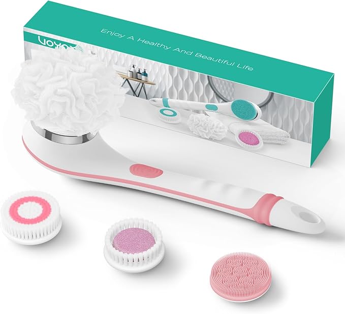 VOYOR Electric Body Brush Back Scrubber for Shower Rechargeable Exfoliating Bath Brush Powered Shower Brush with Non-Slip Long Handle Deep Cleansing, Exfoliation, Massaging Spin Brush BC100 (Pink)-Velvo Beauty