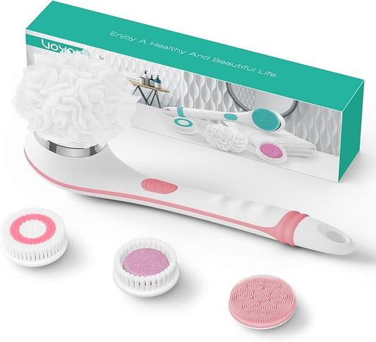 VOYOR Electric Body Brush Back Scrubber for Shower Rechargeable Exfoliating Bath Brush Powered Shower Brush with Non-Slip Long Handle Deep Cleansing, Exfoliation, Massaging Spin Brush BC100 (Pink)-Velvo Beauty