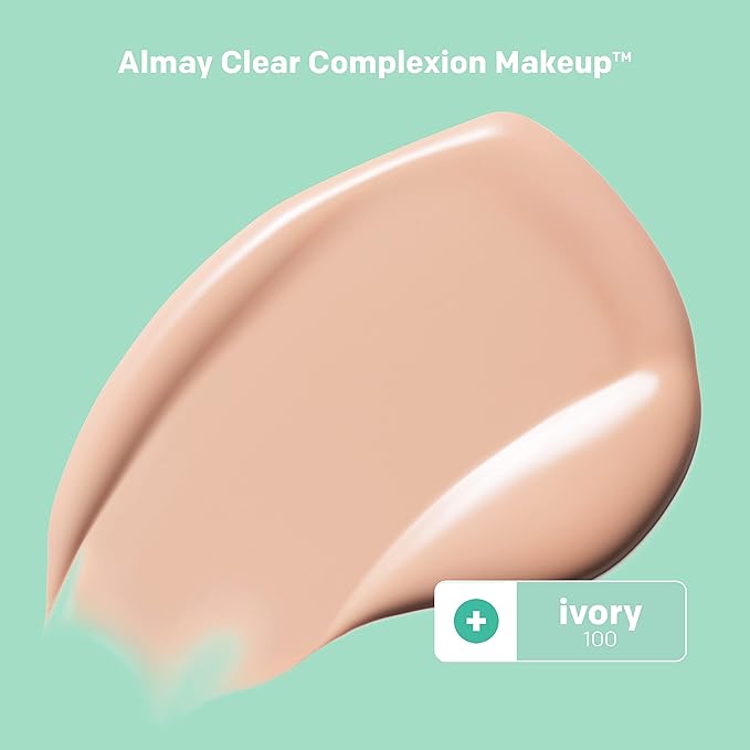 Almay Clear Complexion Acne Foundation Makeup with Salicylic Acid - Lightweight, Medium Coverage, Hypoallergenic-Fragrance Free, for Sensitive Skin , 100 Ivory, 1 fl oz.-Velvo Beauty