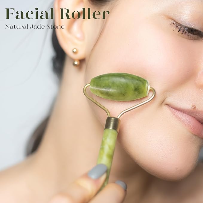 BAIMEI Jade Roller & Gua Sha, Face Roller, Facial Beauty Roller Skin Care Tools, Self Care Gift for Men Women, Massager for Face, Eyes, Neck, Relieve Fine Lines and Wrinkles - Green-Velvo Beauty