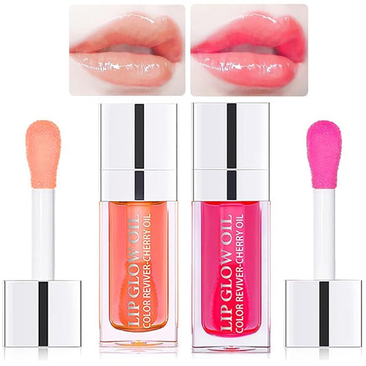 2 Set Lip Oil Hydrating Tinted Lip Balm, Plump Lip Gloss Lip Care Transparent Toot Lip Oil Tinted, Fresh Texture & Non-sticky, Nourishing Repairing Lightening Lip Lines Lip Care Products (Pink / Cherry)-Velvo Beauty