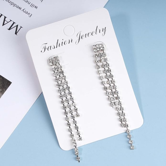 Boho Rhinestone Tassel Earrings Long Fringe Drop Dangle Earrings Silver Crystal Chain Tassel Earrings Vintage Chandelier Chain Studs Earrings Luxury Statement Earrings Jewelry for Women and Girls Gifts-Velvo Beauty