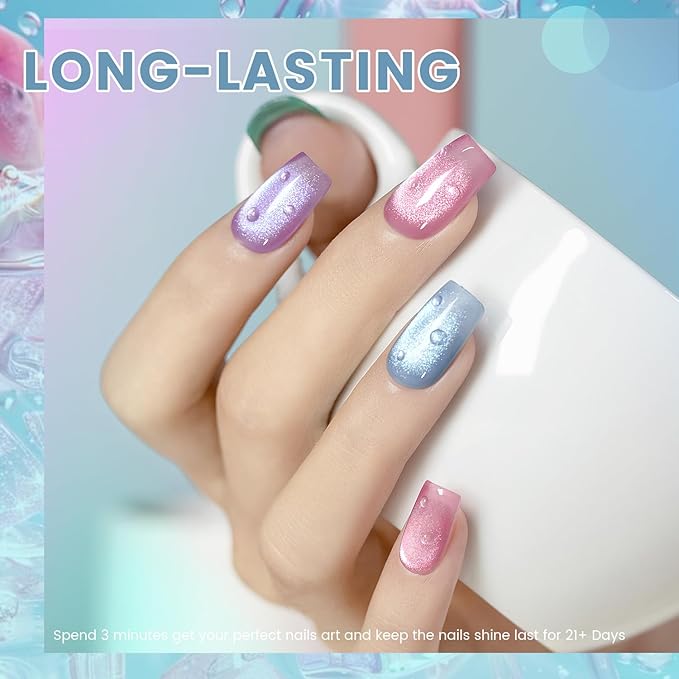 RARJSM Glass Jelly Cat Eye Gel Nail Polish Set 6pcs Reflective Sparkly Diamond Glitter Nude Pink Lake Blue Green Purple Clear Cateye Gelpolish with Magnet Stick 7.5ml Curing Requires for Home Salon-Velvo Beauty