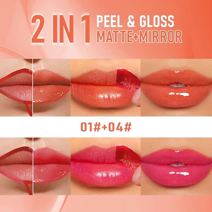 2Pcs Peel Off Lip Gloss Tattoo and Lip Oil 2-in-1, Lip Stain Peel Off Masque - Peel Off Lip Tint ,Long Lasting Waterproof Transfer-proof Lip Mask Lip Gloss Peel Off Lip Liner,Stay Lip Makeup 01#+04#-Velvo Beauty