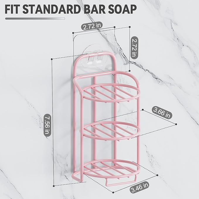 Pink 3-Tier Shower Soap Shampoo Bar Holder, Self Adhesive & Freestanding Draining Soap Dish Caddy for Bathroom Wall Accesories Decor-Velvo Beauty