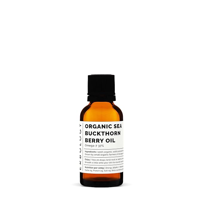 Erbology 100% Organic Sea Buckthorn Oil 1 fl oz - Cold-Pressed 50:1 - Rich in Omega-7 and Beta-carotene - Straight from Farm - Non-GMO - No Additives or Preservatives - Recyclable Glass Bottle-Velvo Beauty