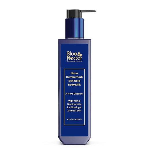 Blue Nectar 24K Carat Gold Body Milk for Women & Men | Body Lotion with Plant Based AHA & Niacinamide | Moisturizer for Body | All Skin Types (14 Herbs, 6.76 Fl Oz)-Velvo Beauty