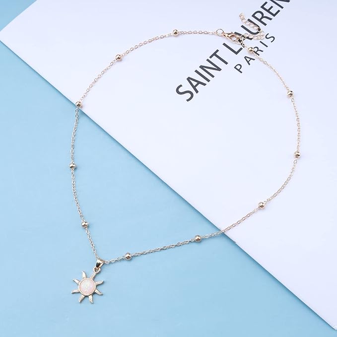 Bohemia Sun Choker Necklace Chain Sunflower Opal Pendant Necklace Gold Satellite Necklace Minimalist Sunflower Necklace Chain Jewelry for Women and Girls-Velvo Beauty