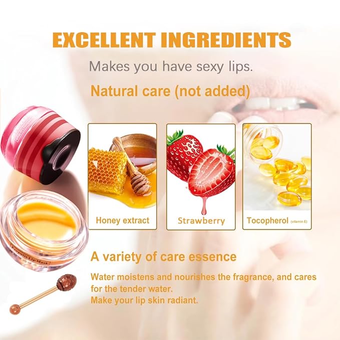 Bee Lip Balm Honey Pot,Strawberry & Honey Moisturizing Propolis Lip Mask,Hydrating Prevention Dry and Cracked Lip Scrubs Exfoliator,Lip Sleep Mask Reduces Lip Lines Lip Skin Care Products-Velvo Beauty
