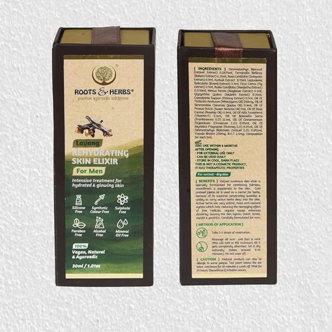 Roots & Herbs Ayurvedic Natural Treatment 100% Vegan No Paraben Lavang Rehydrating Skin Moisturizer Elixir for Men- 50 ML-Velvo Beauty