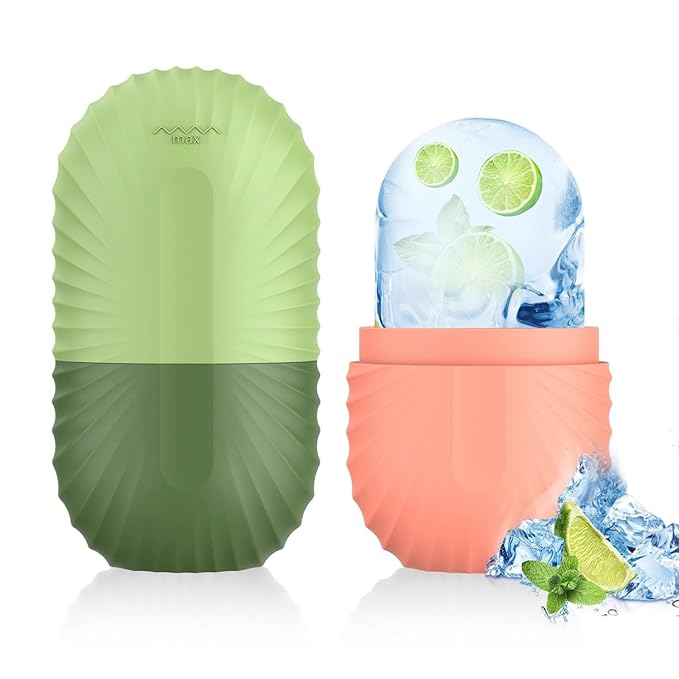 2pcs Ice Roller for Face and Eye, Silicone Ice Facial Roller Ice Holder, Face Ice Mold Skin Care, Face Icers Reusable Ice Cube Roller for Shrink Pores Anti Wrinkle Reduce Puffiness, Pink Green-Velvo Beauty