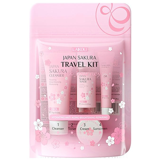 Sakura Travel Skincare Set for Teenage Girls - Face Routine Set for Women,4 Piece Gentle Skin Cleaning & Care Travel Size Kit With Cleanser, Toner, sunscreen and Face Cream-Velvo Beauty