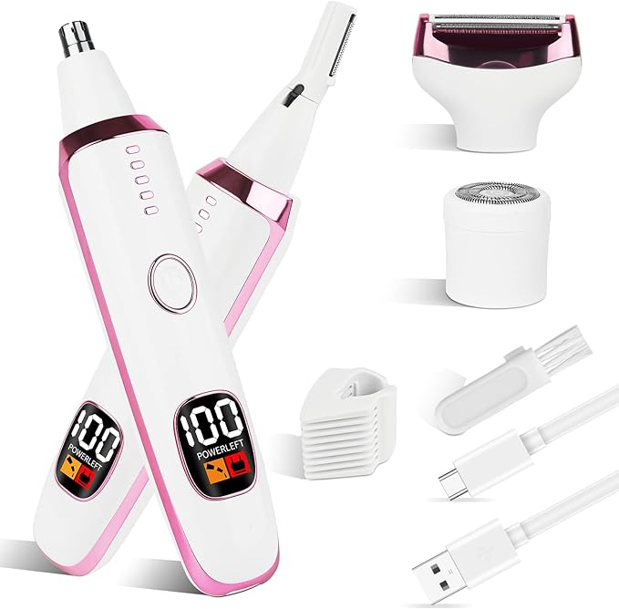 2025 Rechargeable Nose and Ear Hair Trimmer With LED Dispaly for Women Men,4 in 1 Painless Eyebrow & Facial Hair Trimmer with Powerful Motor,Ladies Wet & Dry Electric Razor for Travel (Pink)-Velvo Beauty