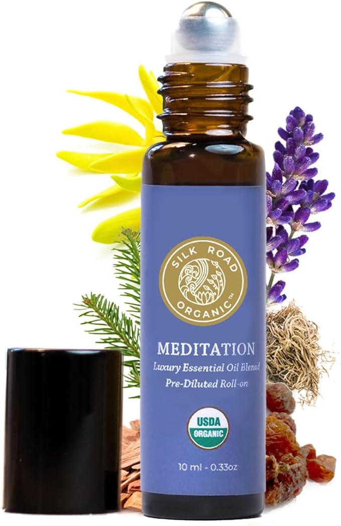 Silk Road Organic Meditation Essential Oil Empowering Blend Roll On,100% Pure USDA Certified Aromatherapy for Chakra Healing, Focus, Calming, Mindfulness & Spiritual Well-Being - 10ml Roller-Velvo Beauty