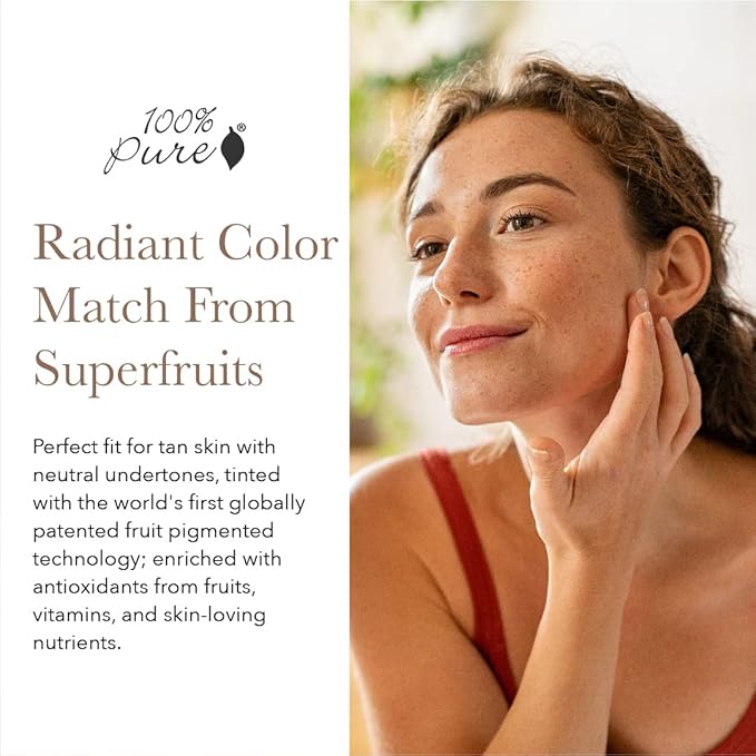 100% PURE Healthy Foundation Full Face Coverage Makeup, Liquid Matte Finish with Anti-Aging Benefits - Vegan Gorgeous Fruit Pigmented Toffee Color (Tan with Neutral Undertone) - 1 Fl Oz-Velvo Beauty