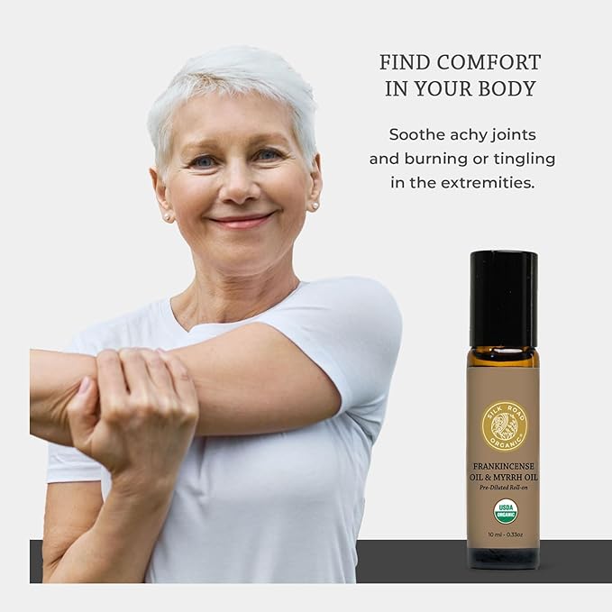 Silk Road Organic Frankincense Oil & Myrrh Essential Oil Roll On, 100% Pure USDA Certified Aromatherapy for Body Aches, Stiffness & Tingling, Stress Relief, & Skin - 10 ml Roller-Velvo Beauty