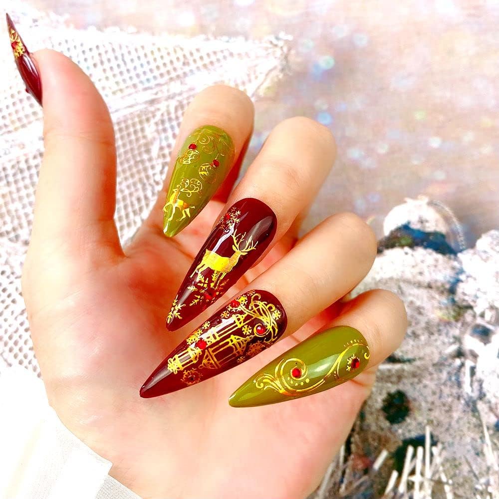 9 Sheets Christmas Nail Art Stickers Decals Self-Adhesive Pegatinas Uñas Holiday Glod Laser Snowflakes Snowman Nail Supplies Nail Art Design Decoration Accessories-Velvo Beauty