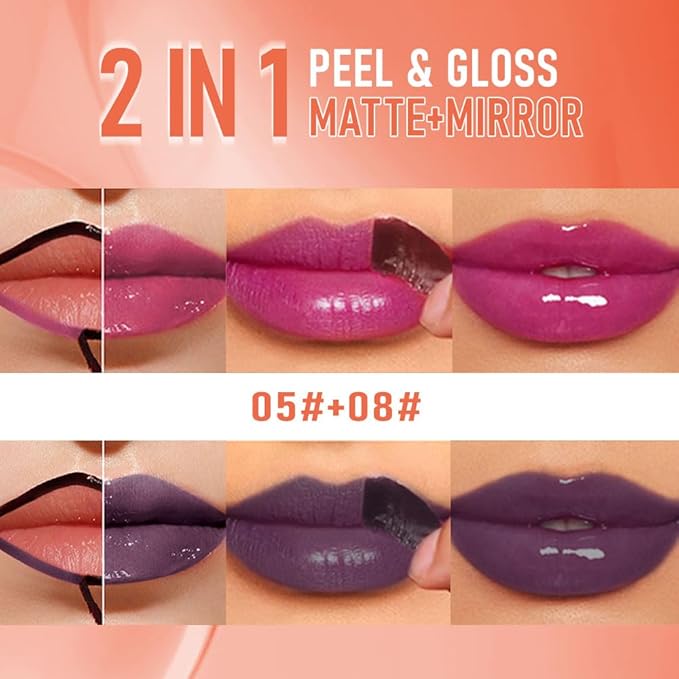 2Pcs Peel Off Lip Gloss Tattoo and Lip Oil 2-in-1, Lip Stain Peel Off Masque - Peel Off Lip Tint ,Long Lasting Waterproof Transfer-proof Lip Mask Lip Gloss Peel Off Lip Liner,Stay Lip Makeup 05#+08#-Velvo Beauty