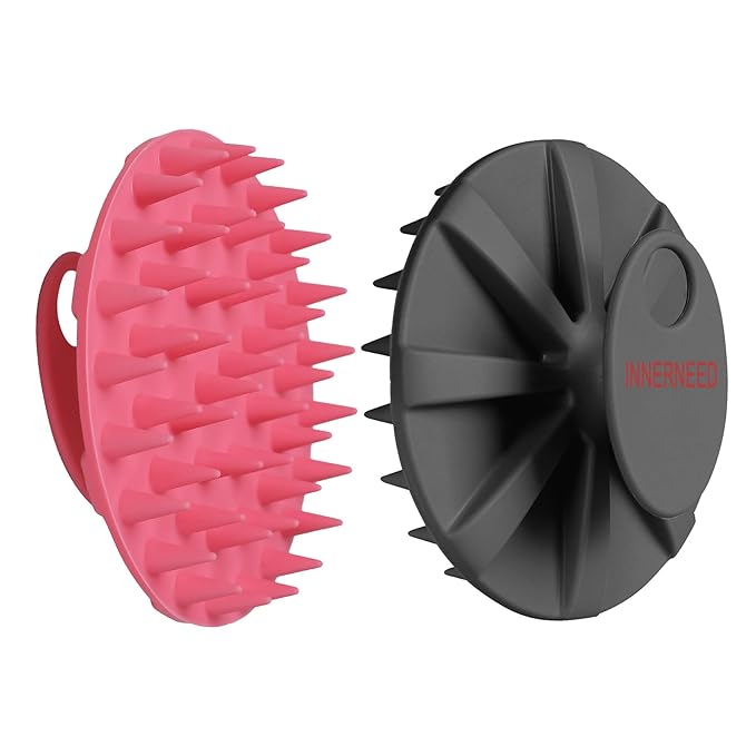 INNERNEED Scalp Massager Shampoo Brush, Wet & Dry Manual Scalp Care Head Scrubber Hair Washing, Soft Silicone Bristles, for Hair Growth, Dandruff Removal (Black+Pink)-Velvo Beauty