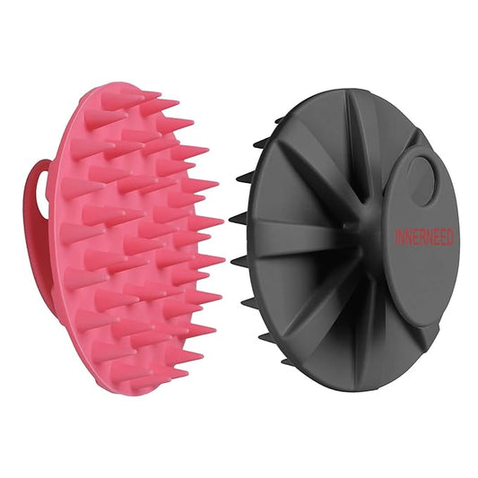 INNERNEED Scalp Massager Shampoo Brush, Wet & Dry Manual Scalp Care Head Scrubber Hair Washing, Soft Silicone Bristles, for Hair Growth, Dandruff Removal (Black+Pink)-Velvo Beauty