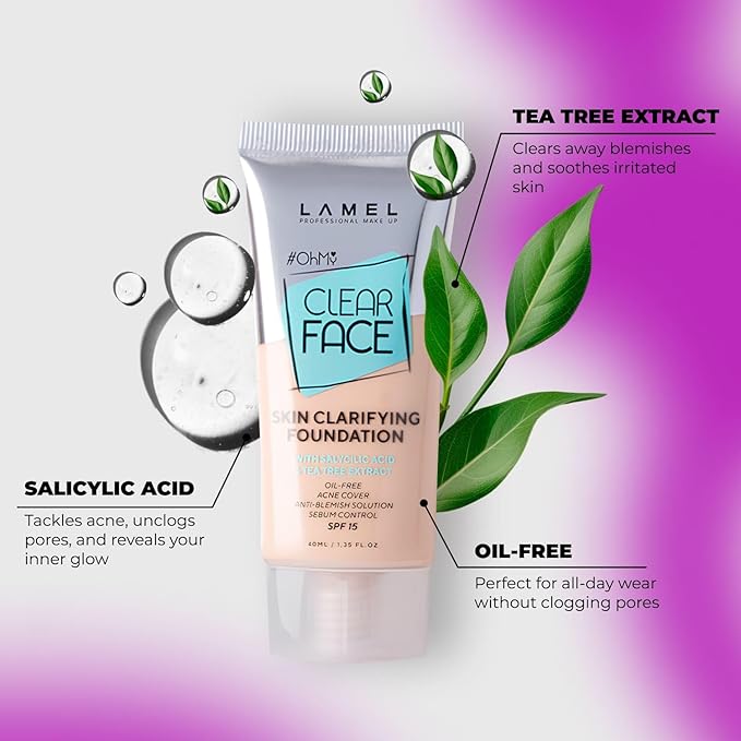 LAMEL OhMy Clear Face Full Coverage Foundation - Acne Coverage - Salicylic Acid & Tea Tree Extract - Dewy & Flawless Finish - Sensitive Skin Care - Organic & Oil-Free - 401, 1.35 fl.oz-Velvo Beauty
