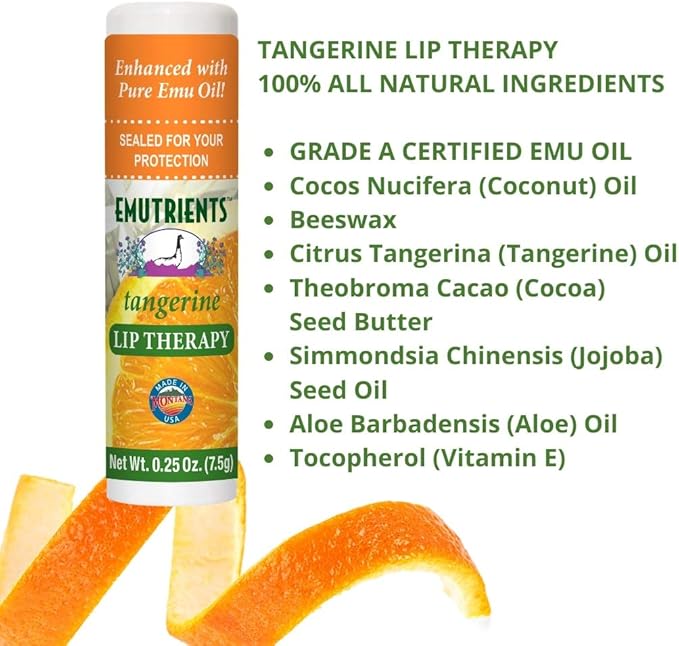Montana Emu Ranch - Lip Therapy Lip Balm - 0.25 Ounce - Tangerine Flavor - 3 Pack - Made with Pure Emu Oil-Velvo Beauty