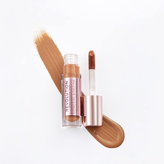 Makeup Revolution Conceal & Define Concealer, Full Coverage Makeup Concealer, Matte Finish & Long Wear, For Dark or Deep Skin Tones, Vegan, C14.5, 4ml-Velvo Beauty