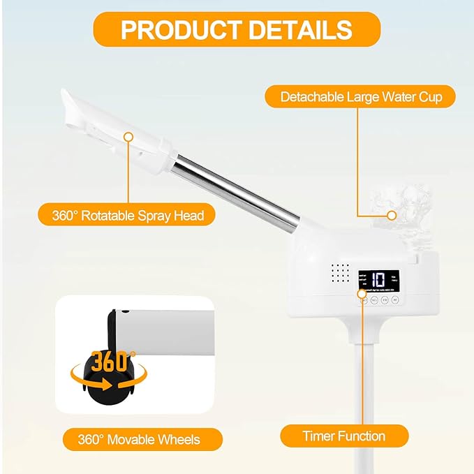 Professional Facial Steamer, Facial Steamer with Hot Mist and Timer Function, Adjustable Height Face Steamer on Wheels with 360° Rotatable Nozzle and Touch Screen for Deep Hydration and Cleaning-Velvo Beauty