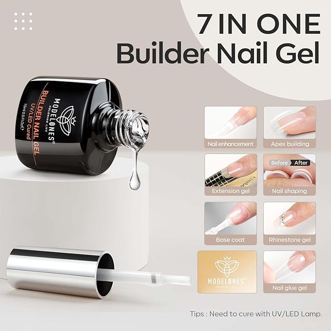 modelones Builder Nail Gel, 7-in-One Clear Builder for Nails, LED Lamp Cured Color Rubber Base Gel Polish Coat Strengthener Thickening Extension Rhinestone Glue in a Bottle for DIY Home Salon Gifts-Velvo Beauty
