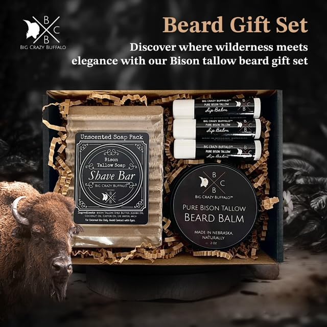 Pure Bison Tallow Beard Gift Set - Shave Bar, Beard Balm, Unscented Lip Balm - Conditions, Strengthens, Moisturizes, Soothes, Softens, Naturally Derived, No Dyes, Naturally Derived-Velvo Beauty
