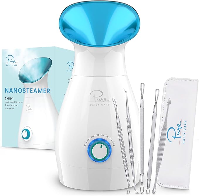 Pure Daily Care NanoSteamer Large 3-in-1 Nano Ionic Facial Steamer with Precise Temp Control - Humidifier - Unclogs Pores - Blackheads - Spa Quality - Bonus 5 Piece Stainless Steel Skin Kit (Teal)-Velvo Beauty