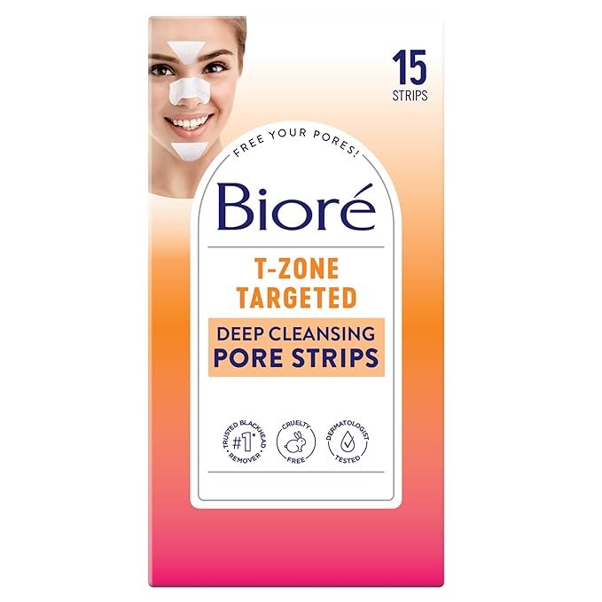 Bioré T-Zone Blackhead Remover Strips, Deep Cleansing Pore Strips, (5 Nose + 5 Face + 5 Chin Strips), Instant Pore Unclogging for the T-Zone Area, 15 Count-Velvo Beauty