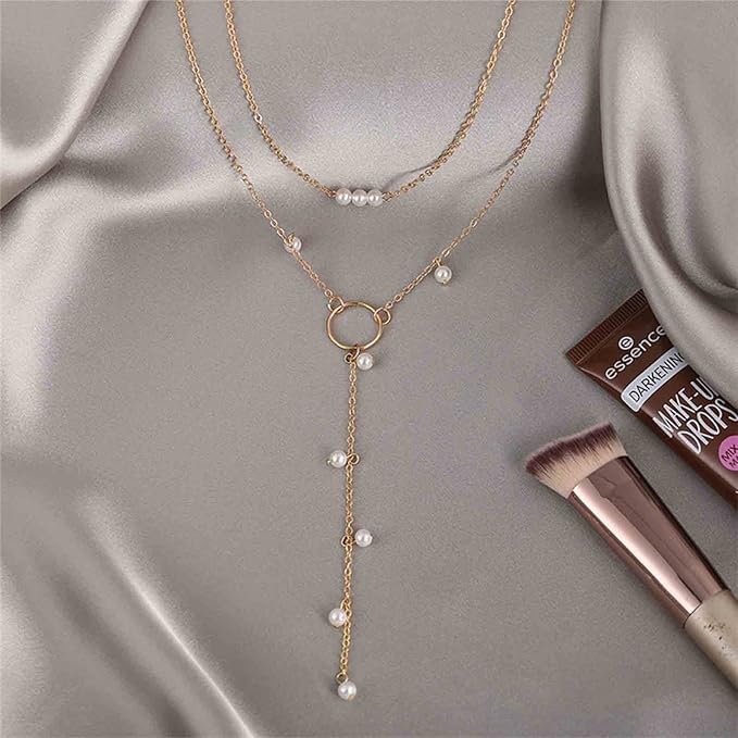 Boho Circle Pearl Lariat Necklace Gold Long Lariat Chain Necklace Tiny Pearl Choker Necklace Drop Pearl Chain Y Necklace Jewelry for Women and Girls Gifts-Velvo Beauty