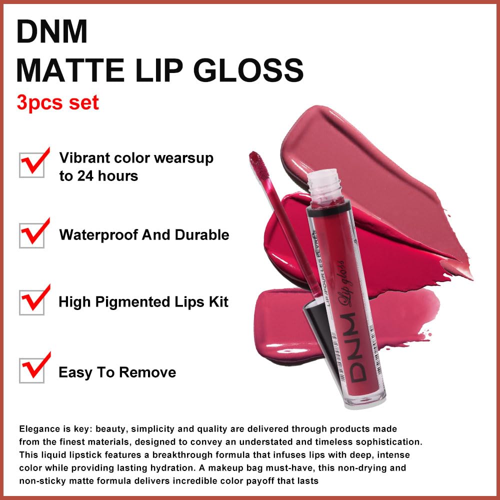 evpct 3Pcs Mauve red Berry pink Rose red Matte Liquid Lipstick Sets for Women 24-hour Matte+Lipstick Lipstick Lip Stain Gloss Long Lasting 24 Smudge Waterproof-Velvo Beauty