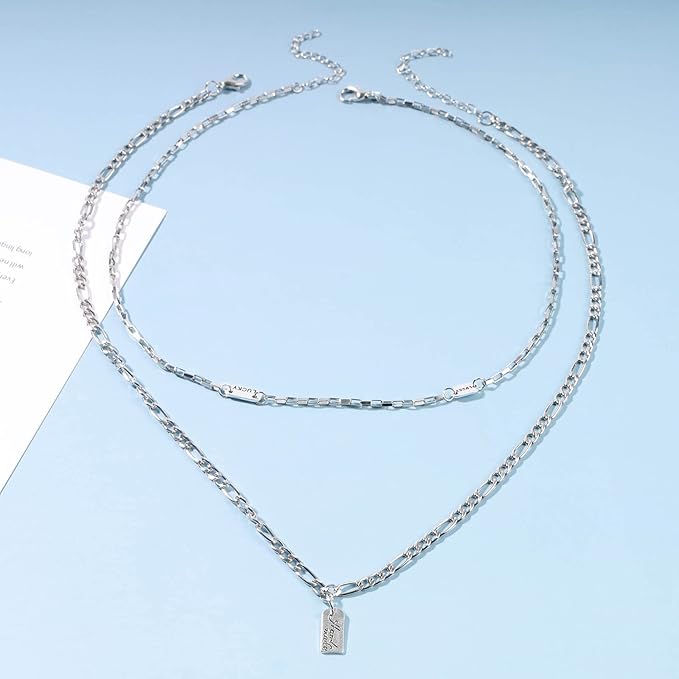 Boho Layered Silver Bar Necklace Choker Figaro Chain Necklace Vintage Layering Link Chain Necklace Geometric Necklace Jewelry for Women and Girls-Velvo Beauty