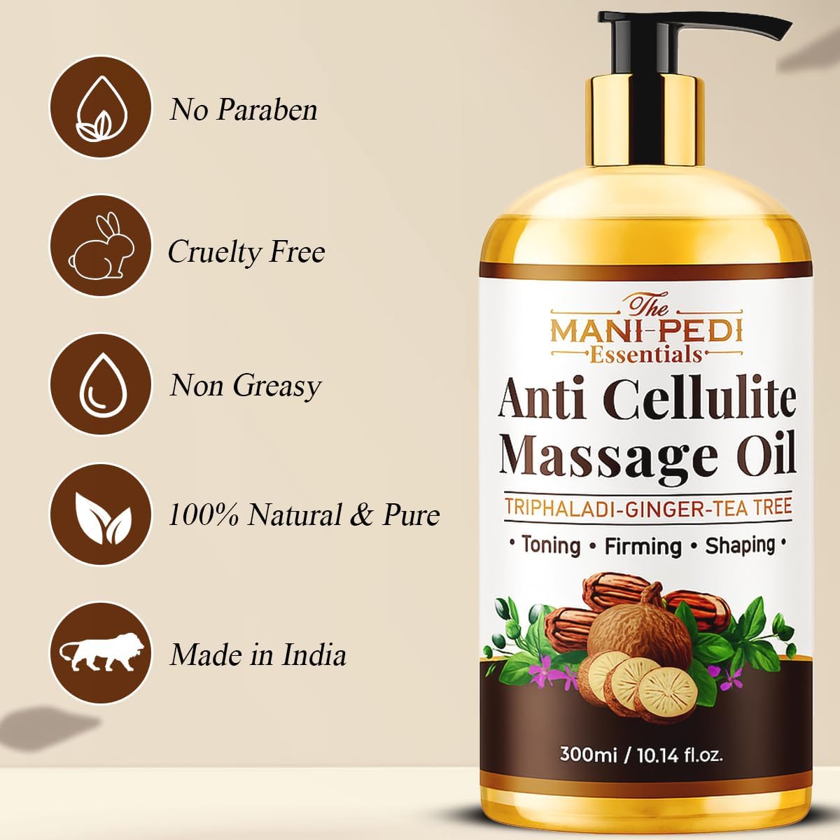 Anti Cellulite Massage Oil with Ginger Oil, Tea-Tree Oil & Natural Herbs for Toning, Firming & Shaping. 100% Natural Ingredients, Non-Sticky Texture - 10 Fl Oz-Velvo Beauty