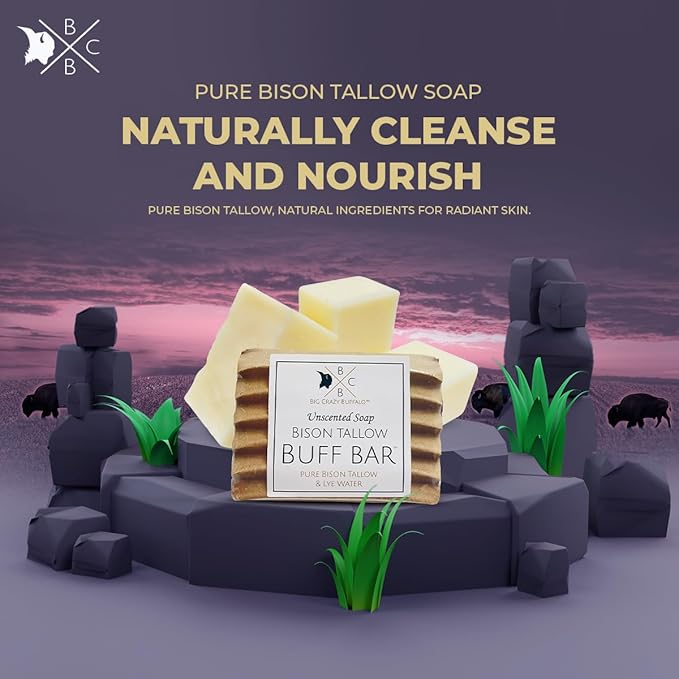 Pure Bison Tallow Unscented Gift Set - Buff Bar, Salve, & 3 Unscented Lip Balms - Cleans, Moisturizes, Soothes, Naturally Derived - No Dyes, Chemicals, Fragrances, or Preservatives-Velvo Beauty