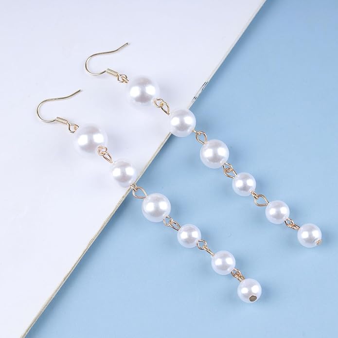 Boho Long Pearl Drop Earrings Vintage Gold Tassel Pearl Dangle Earrings Statement Pearl Chain Drop Dangle Earrings Wedding Prom Bridal Pearl Hook Earrings Jewelry for Women-Velvo Beauty