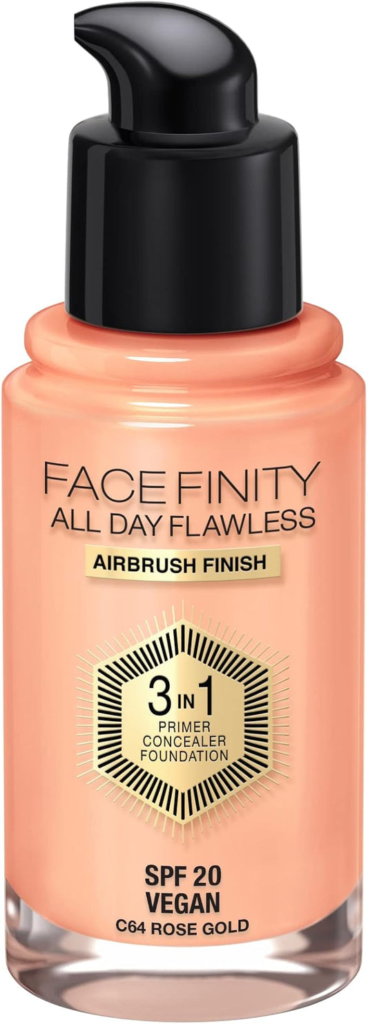 Max Factor Facefinity 3-in-1 All Day Flawless Liquid Foundation, SPF 20-64 Rose Gold, 30 ml-Velvo Beauty