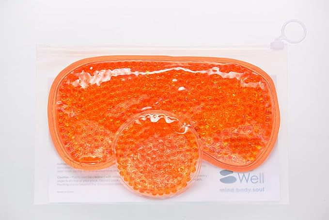 HOT +Cold Aqua Pearls Plush Eye Mask with Soft Plush Backing and Fully Adjustable Strap, Bonus Mini Round pad-2PACKS(Orange, Eye Mask+ Mini Round Pad)-Velvo Beauty