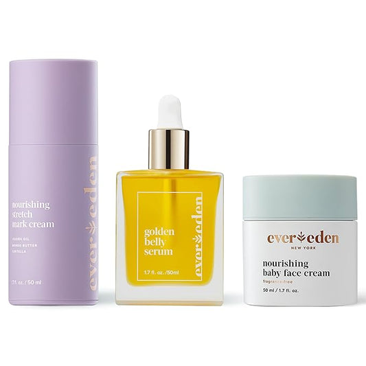 Evereden Mama & Baby Discovery Set - Dermatologist-Developed Clean & Vegan Maternity Skin Care Bundle - Stretch Mark Cream, Belly Serum, & Nourishing Baby Face Cream - Postpartum Gifts for New Mom-Velvo Beauty