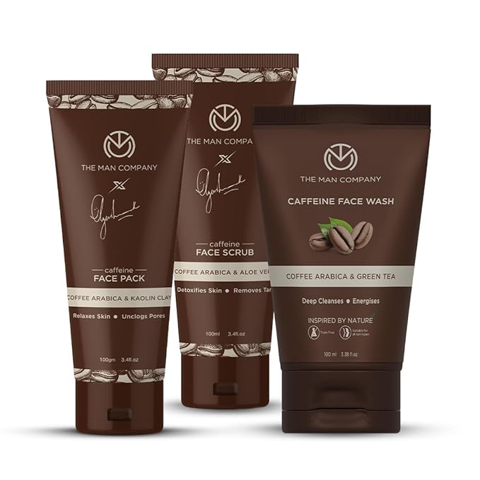 The Man Company Coffee Face Care Kit with Face Wash, Face Scrub, Face Pack | Cleanses, Detoxifies, Relaxes, Glowing and Brightening Skin - Pack of 3-Velvo Beauty