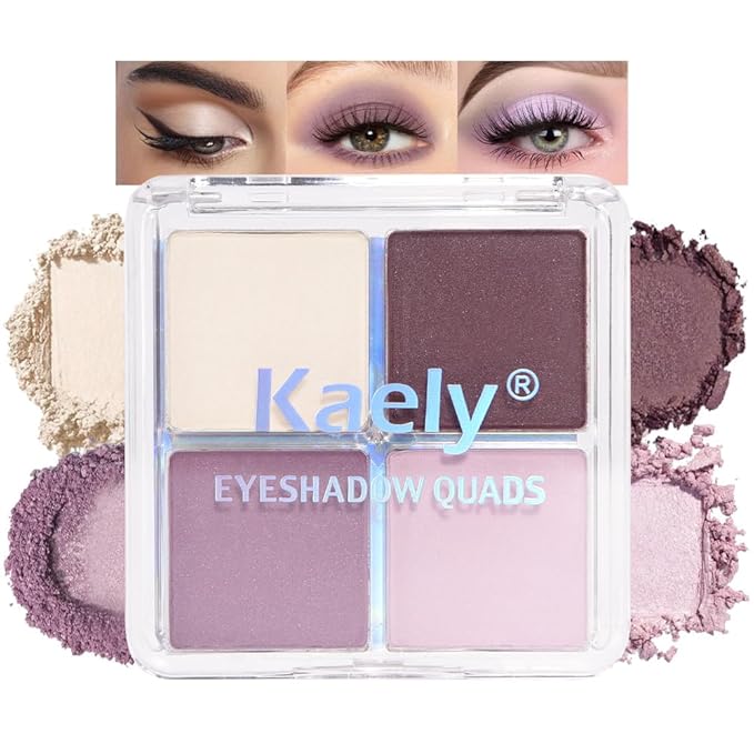 Kaely Powder Eyeshadow Quad, Light Violet Shimmer Eyeshadow Palette Makeup, Neutral Eye Shadow Palette for Older Women Pigmented Waterproof, sombras para ojos, Blendable, Cruelty-free, 02-Velvo Beauty