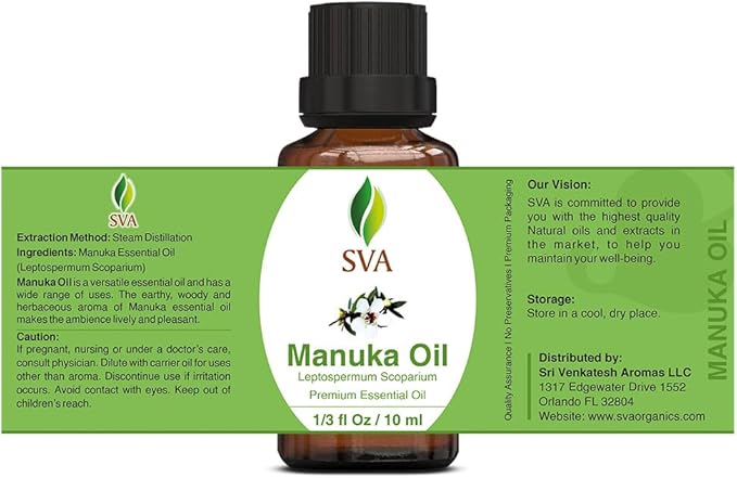 SVA Manuka Essential Oil – 1/3 Fl Oz – 100% Natural Manuka Oil - for Diffuser, Hair Care, Face, Skin Care, Aromatherapy, Scalp and Body Massage, Soap and Candle Making-Velvo Beauty