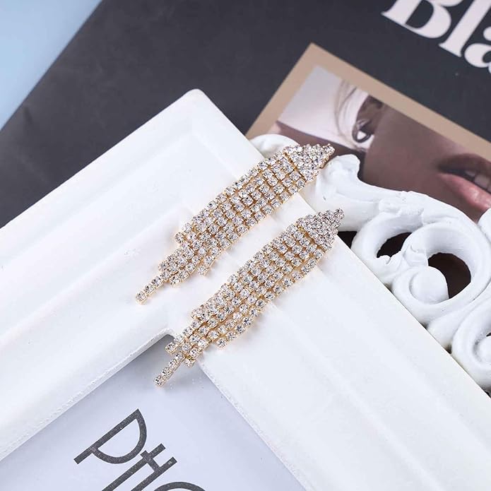 Vintage Rhinestone Chandelier Tassel Earrings Crystal Chain Drop Earrings Gold Long Tennis Chain Earrings Shine Chandelier Bridal Earrings Jewelry for Women-Velvo Beauty