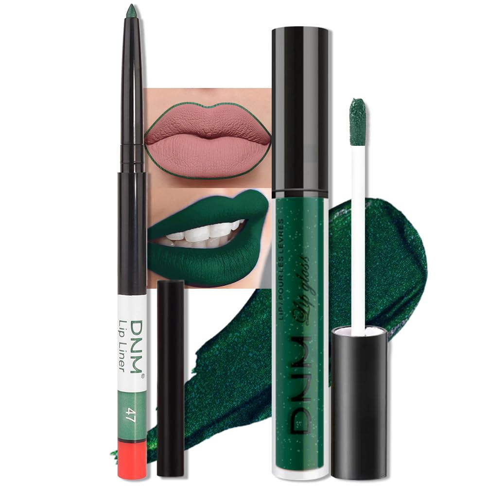 evpct 2Pcs Emerald Green Shimmer Glitte Liquid Lipstick Lip Gloss Stain and Retractable Lip Liner Makeup Set for Women Long Lasting Waterproof 24 Hours Lipstick labial mate larga duracion 24 47#-Velvo Beauty