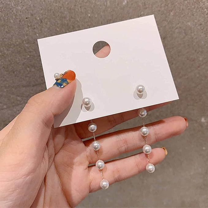 Boho Pearl Dangle Earrings Gold Pearl Drop Stud Earrings Long Pearl Tassel Earrings Vintage Pearl Linear Earrings Jewelry for Women and Girls-Velvo Beauty