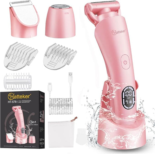 Hatteker Women's Electric Shaver Bikini Trimmer Hair Trimmer for Women LED Display Electric Razor for Legs Bikini Underarm Public Hairs Led Display IPX7 Waterproof Gift for Women (Pink)-Velvo Beauty