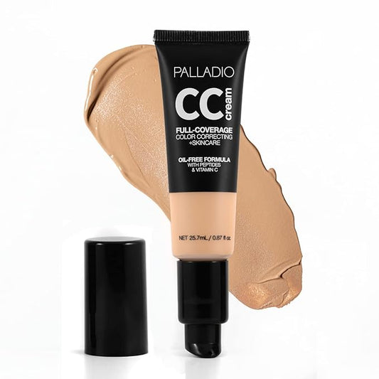 Palladio Full-Coverage Color Correction CC Cream, Oil-Free with Peptides & Vitamin C, Best for Correcting Redness and Uneven Skin Tone, Buildable Foundation Coverage (Med 30N)-Velvo Beauty